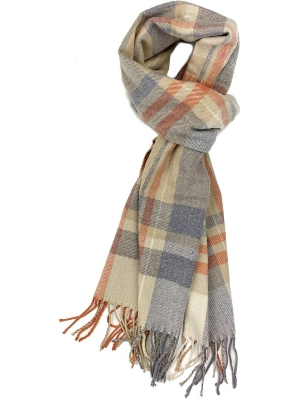 Unisex Grey Peach Plaid Check Feather Super Soft Luxurious Cashmere Scarf